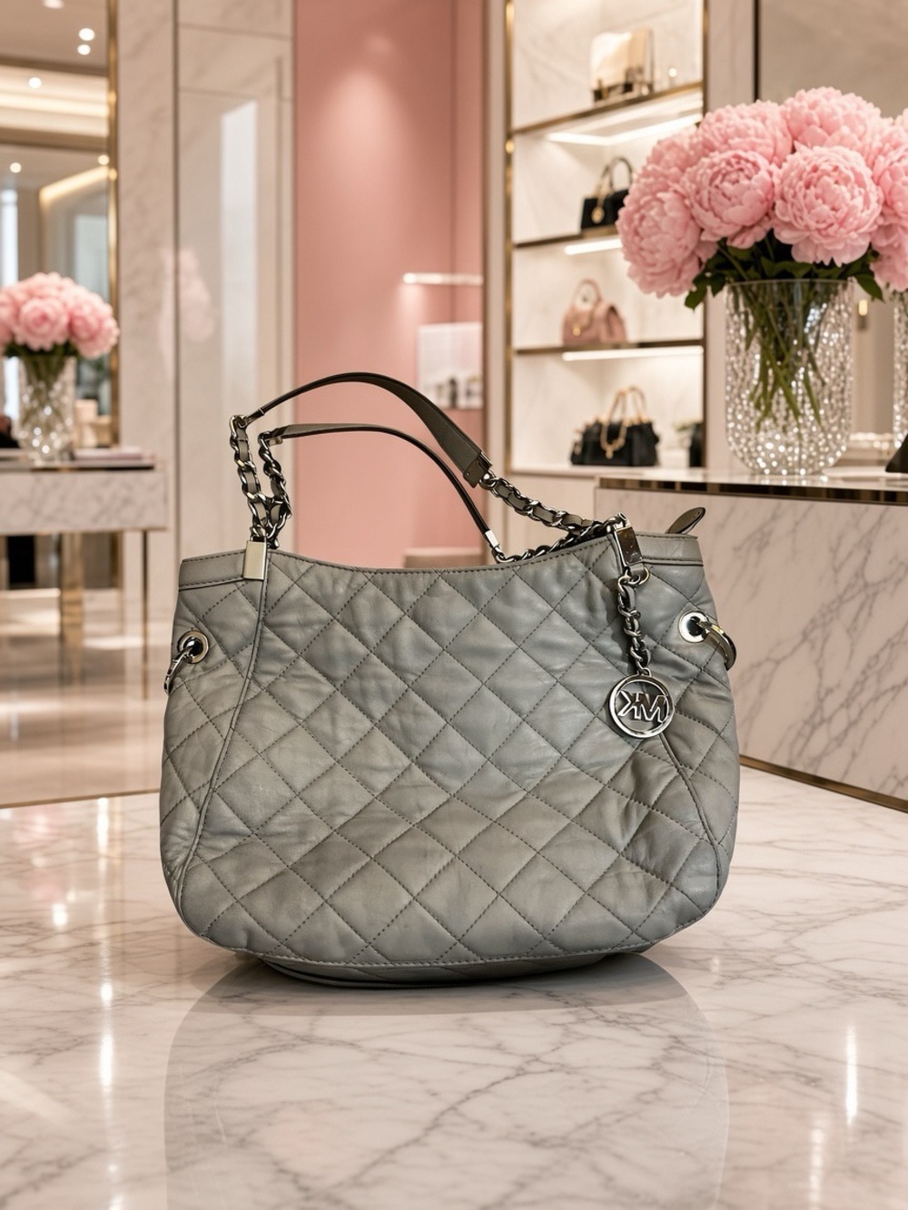 Michael Kors Quilted Shoulder Tote Bag in Light Gray